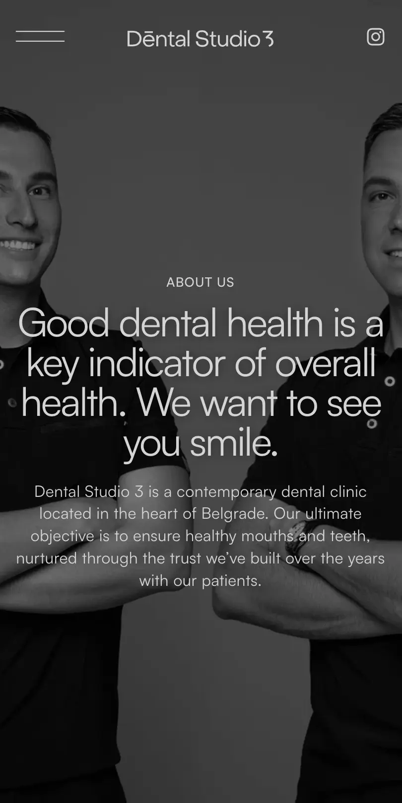 Brand identity for Dental Studio 3 featuring stark black color palette, clean sans-serif typography, and minimalist layout. A visual system that challenges healthcare clichรฉs with clarity and confidence.