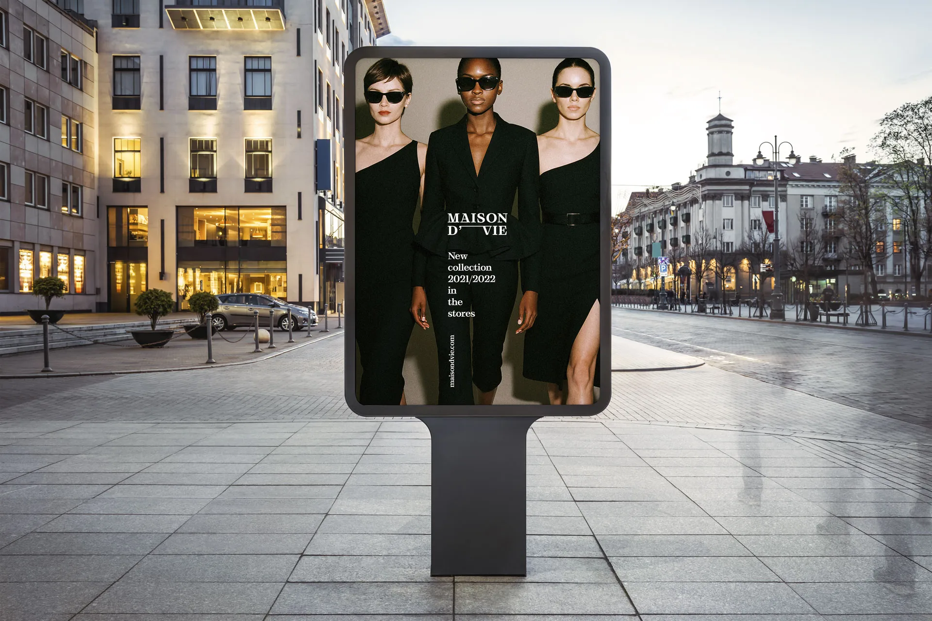 Maison DโVie branding visuals featuring elegant typography, minimalist layout, and luxury product imagery that reflects bold, curated fashion from independent labels.