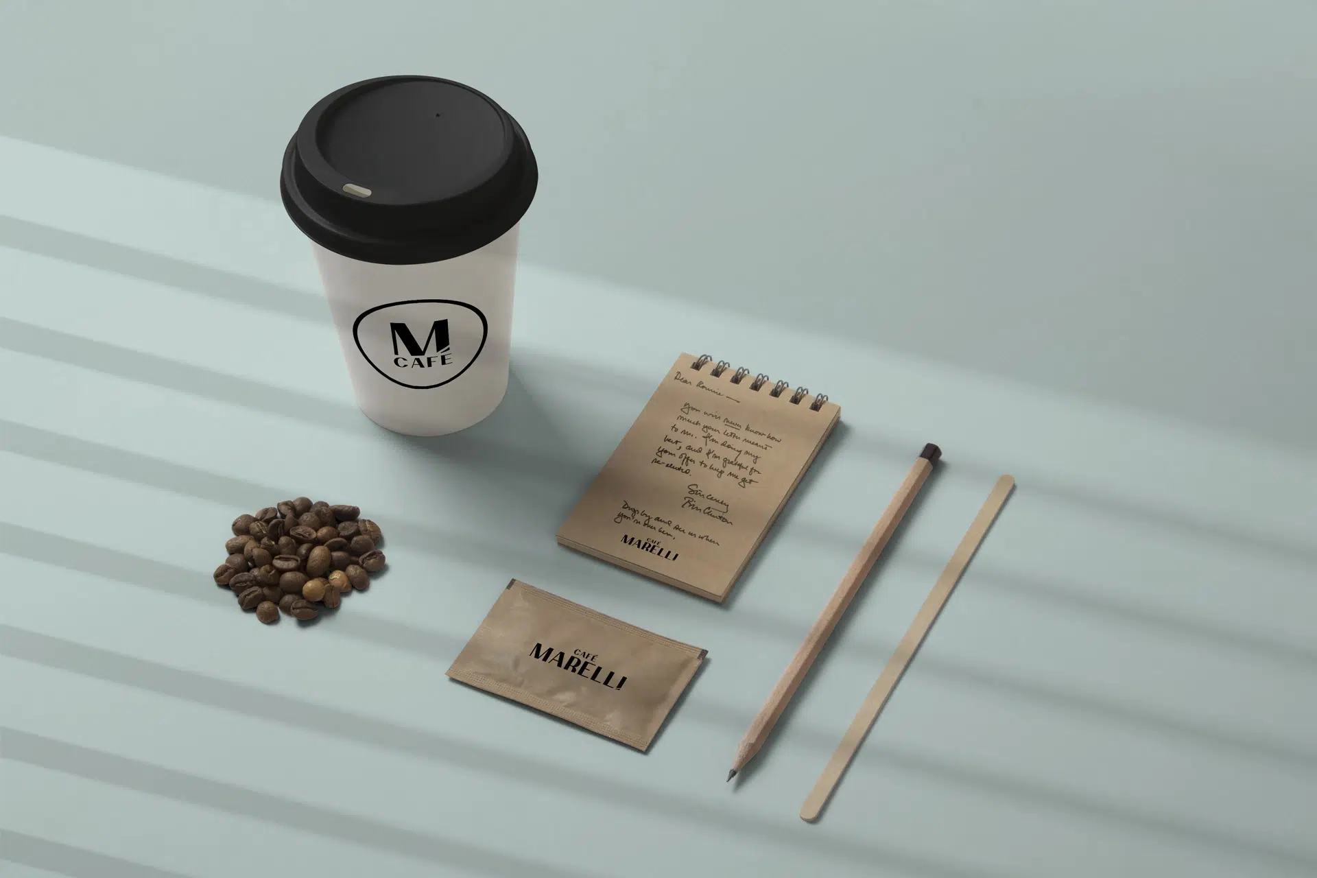 Marelli cafรฉ brand identity featuring warm colors, bold type, and soft industrial details inspired by French bistros and Maltese expression.