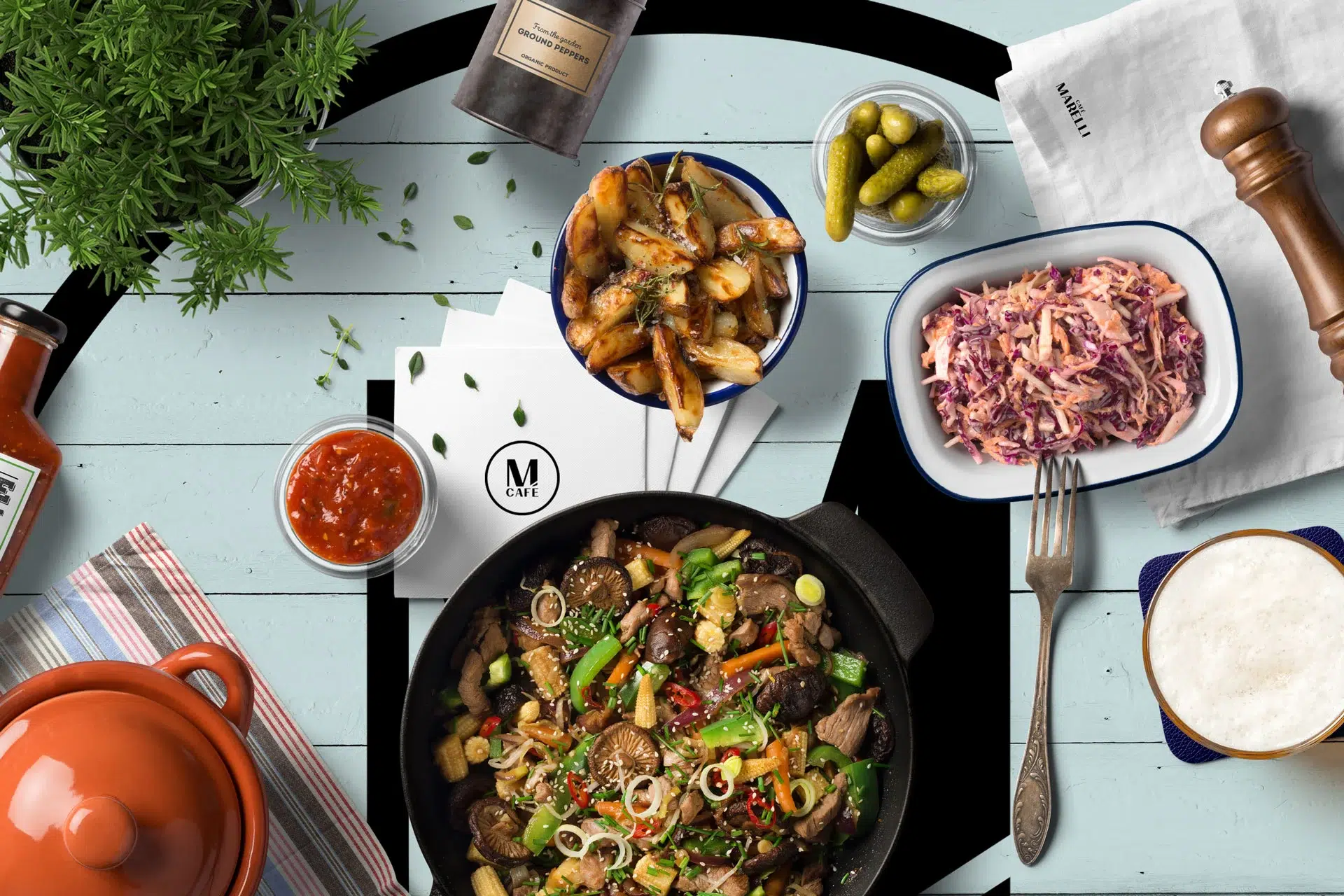 Marelli cafรฉ brand identity featuring warm colors, bold type, and soft industrial details inspired by French bistros and Maltese expression.