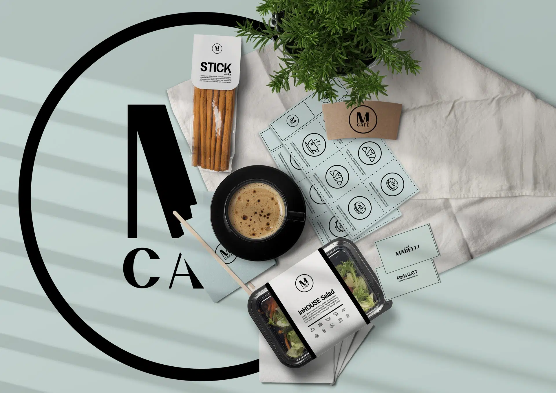 Marelli cafรฉ brand identity featuring warm colors, bold type, and soft industrial details inspired by French bistros and Maltese expression.