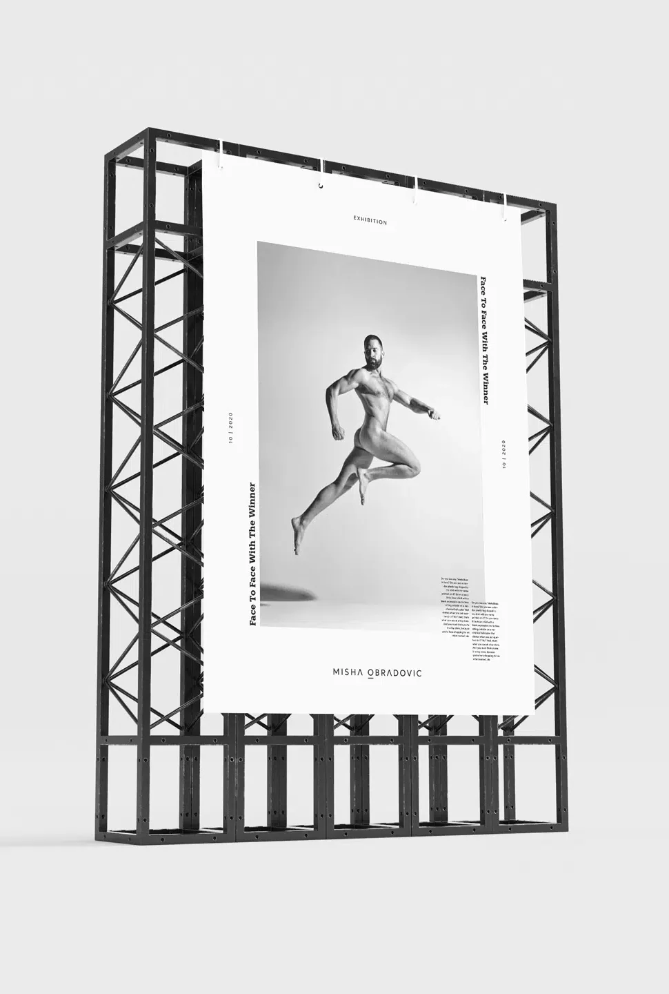 Misha Obradovic brand identity with monochrome tones, sharp typography, and editorial layouts that showcase fashion and cultural photography with intimacy.
