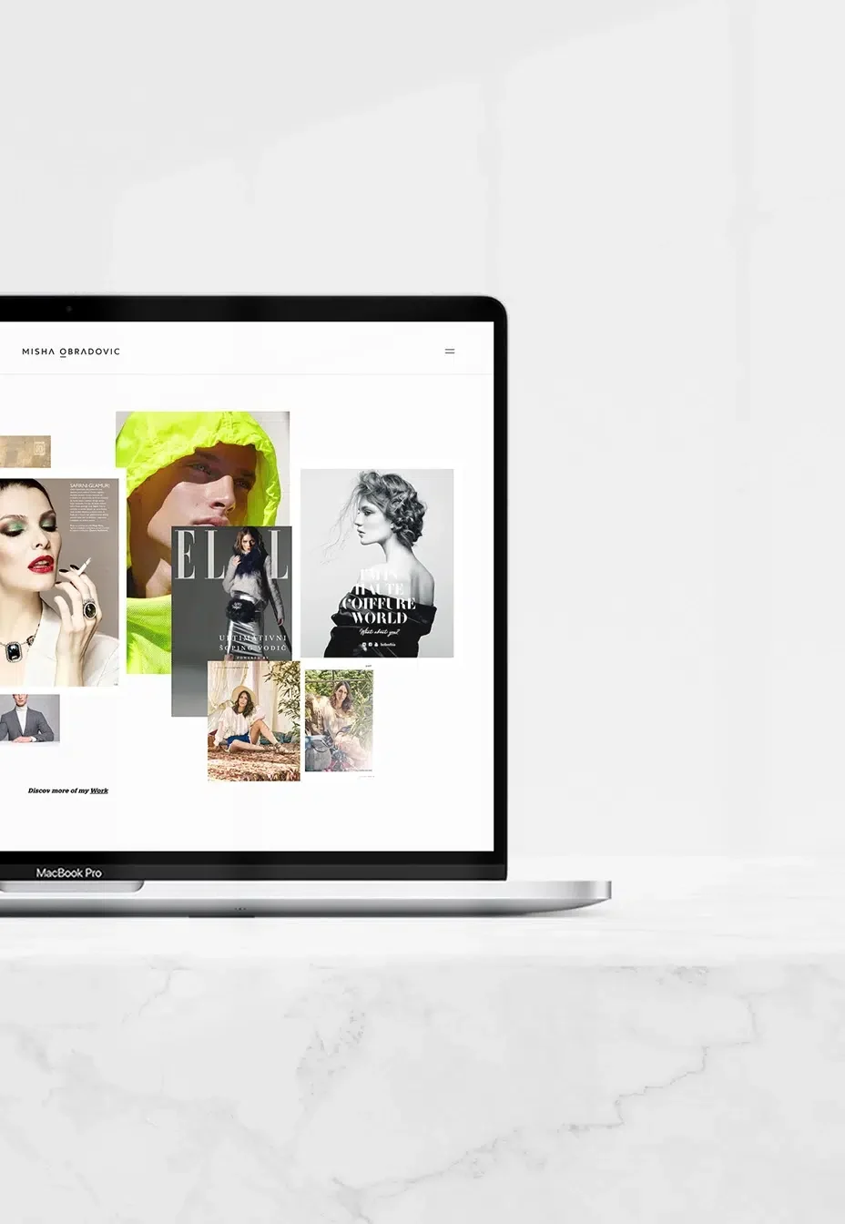 Misha Obradovic brand identity with monochrome tones, sharp typography, and editorial layouts that showcase fashion and cultural photography with intimacy.