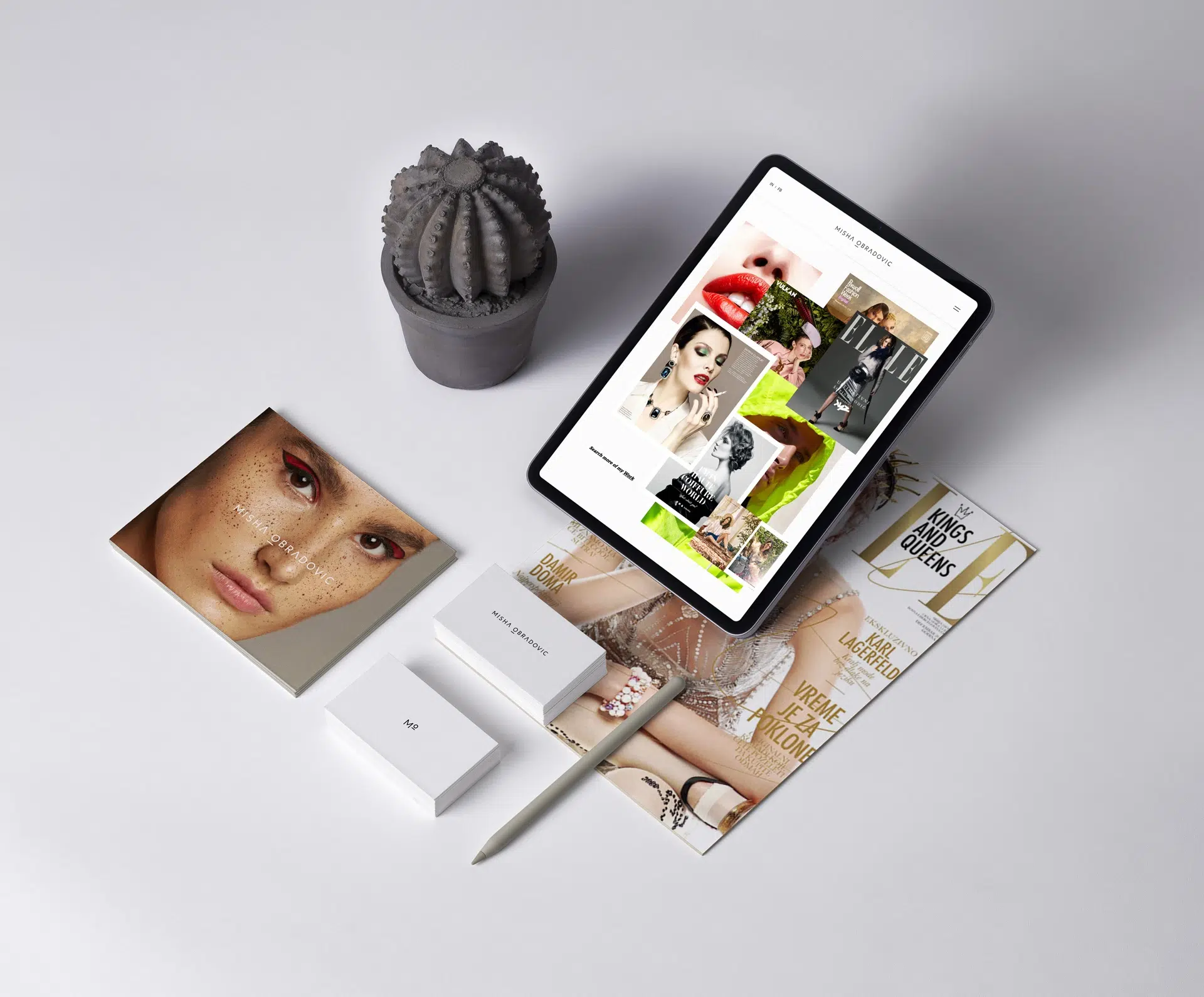 Misha Obradovic brand identity with monochrome tones, sharp typography, and editorial layouts that showcase fashion and cultural photography with intimacy.
