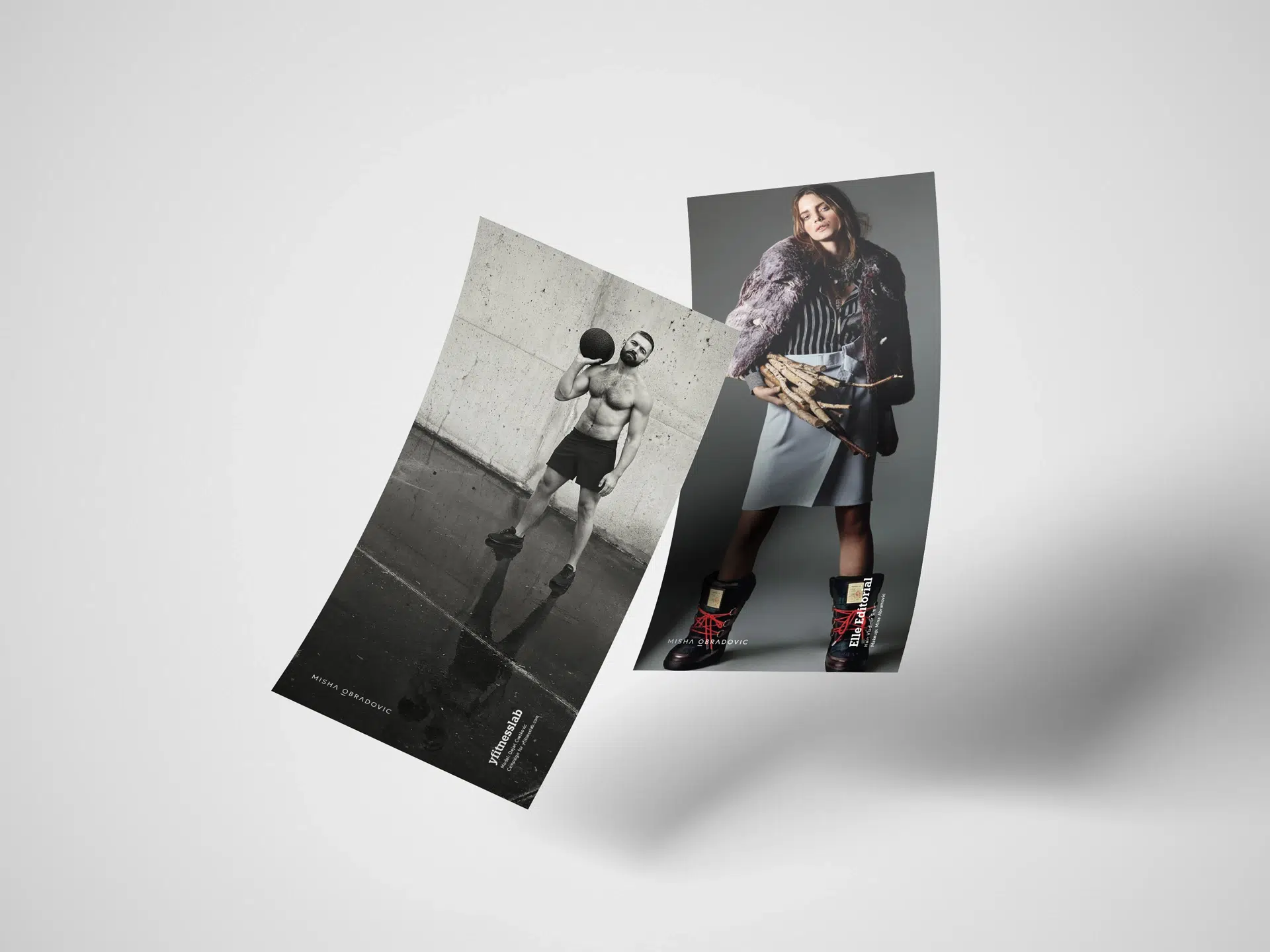 Misha Obradovic brand identity with monochrome tones, sharp typography, and editorial layouts that showcase fashion and cultural photography with intimacy.