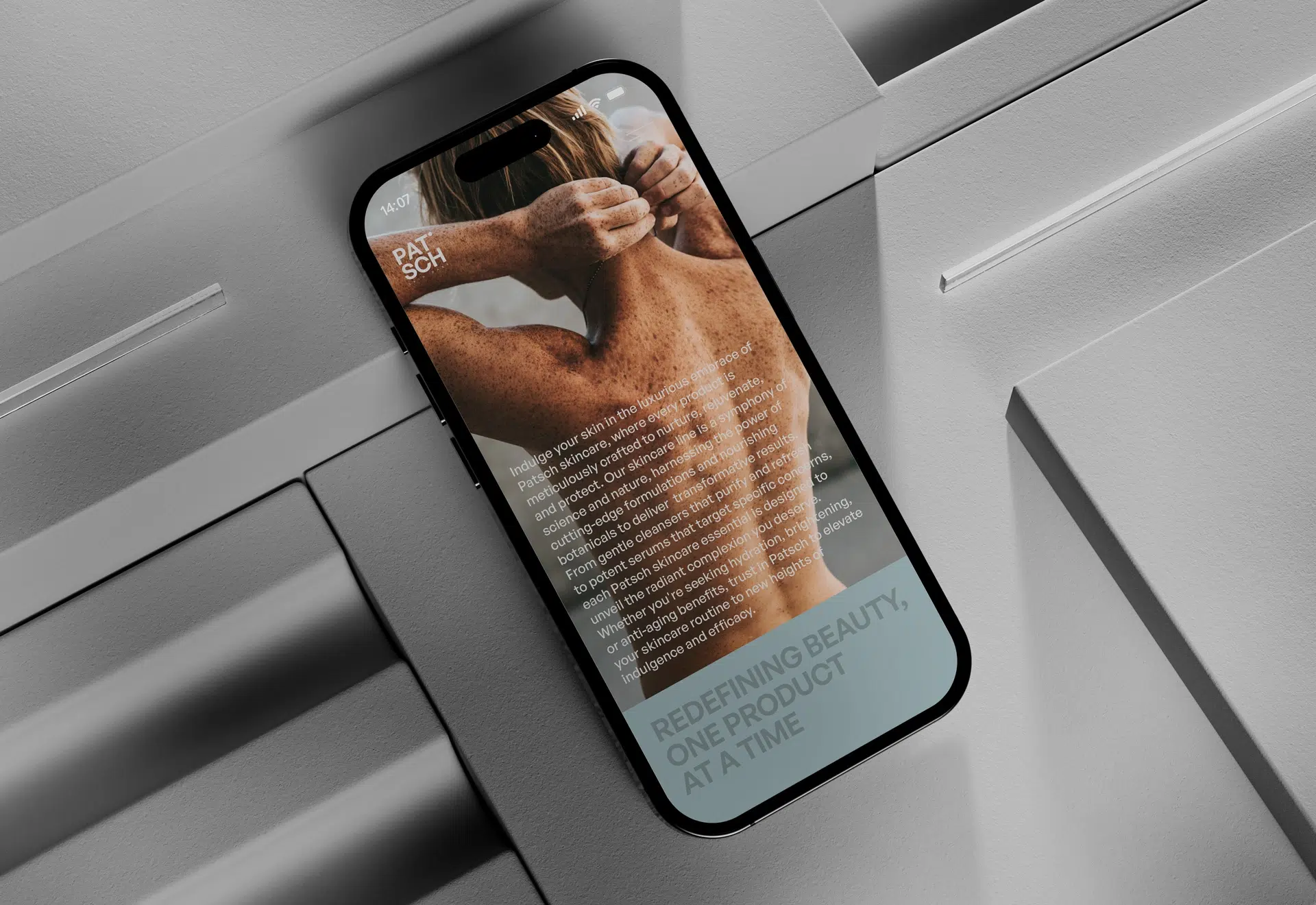 Patsch skincare identity featuring minimalist packaging, soft colors, and a refined, botanical-inspired design system.