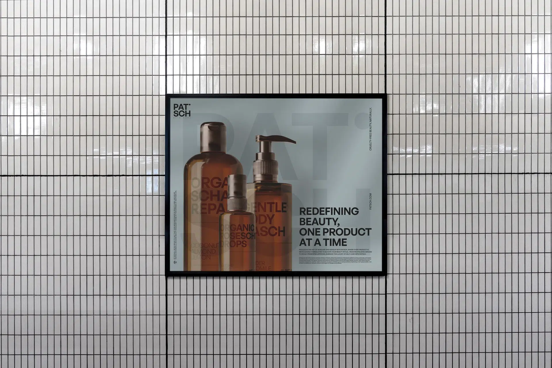 Patsch skincare identity featuring minimalist packaging, soft colors, and a refined, botanical-inspired design system.