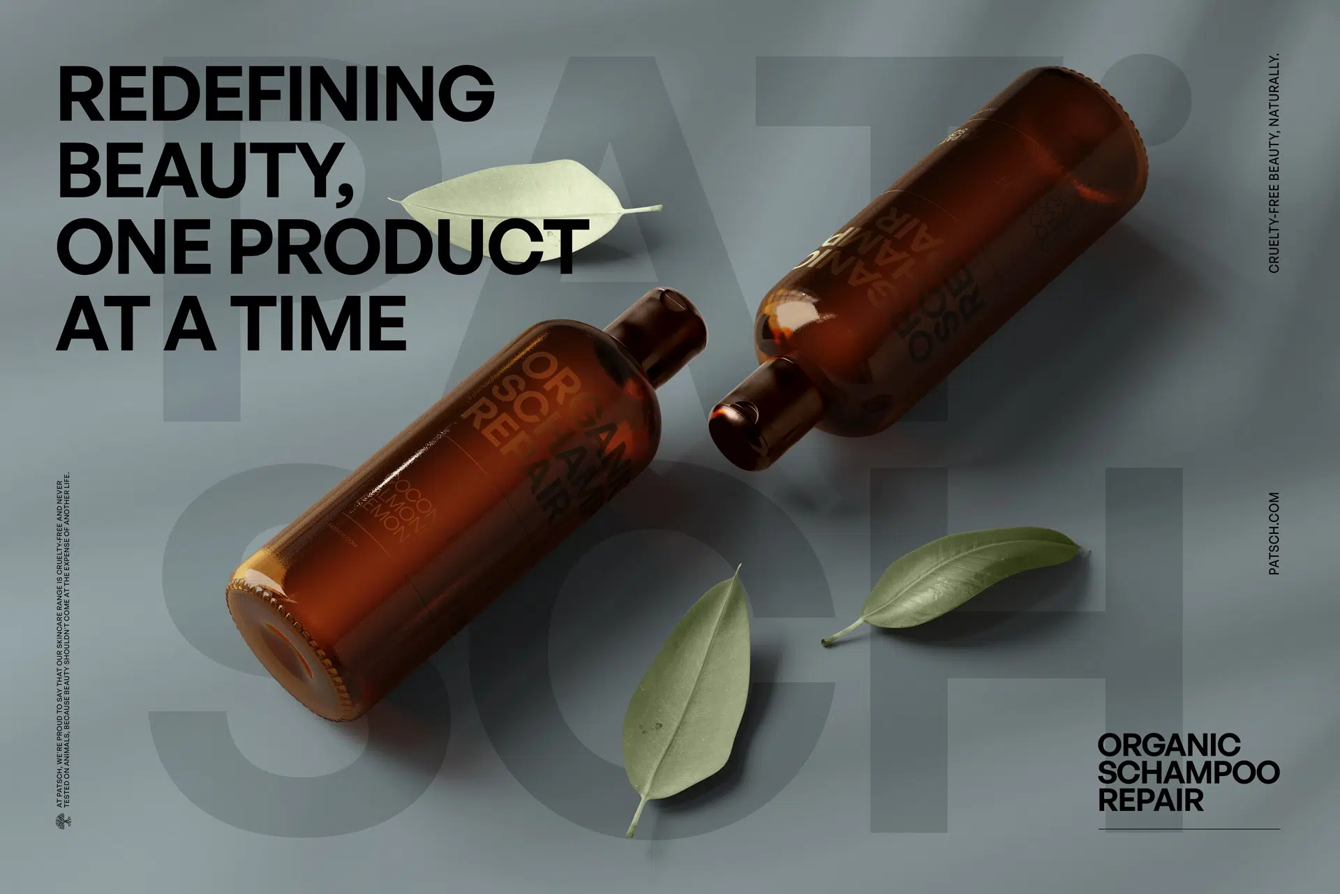 Patsch skincare identity featuring minimalist packaging, soft colors, and a refined, botanical-inspired design system.