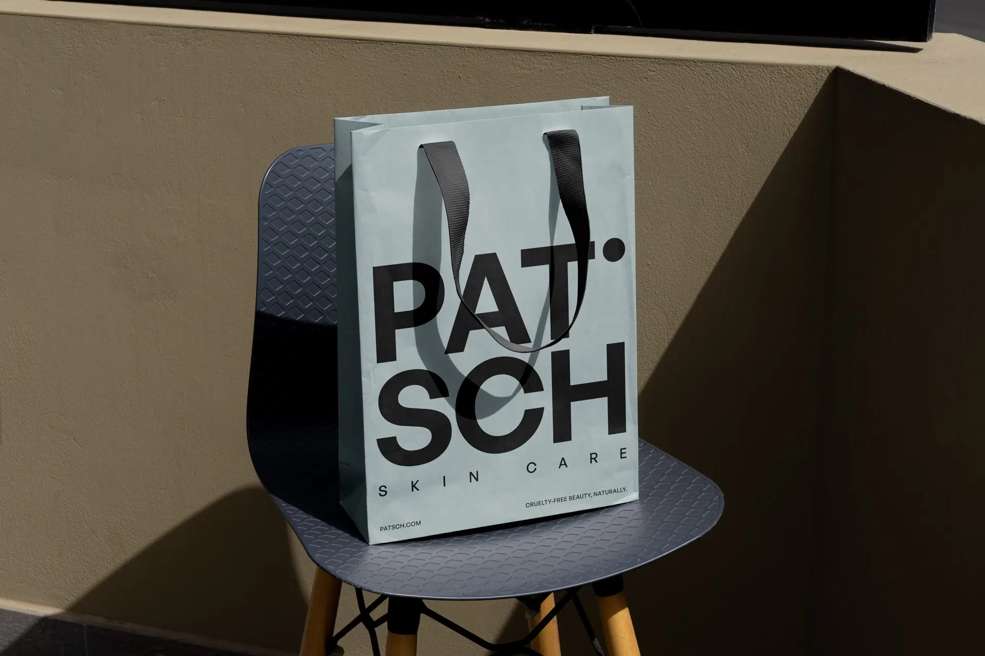 Patsch skincare identity featuring minimalist packaging, soft colors, and a refined, botanical-inspired design system.