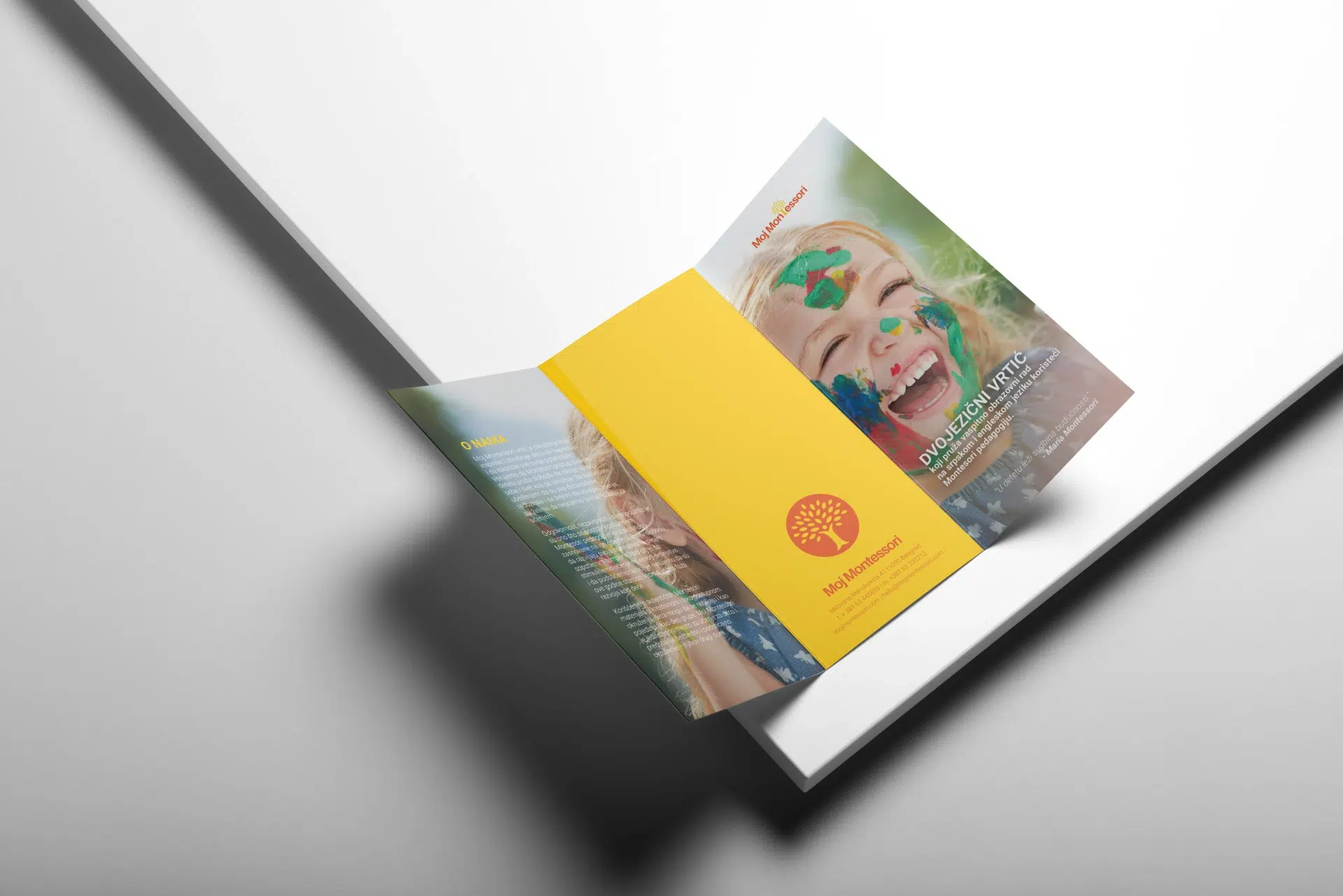 Moj Montessori brand identity with soft color palette, rounded typography, and calming layout inspired by Montessori learning environments.