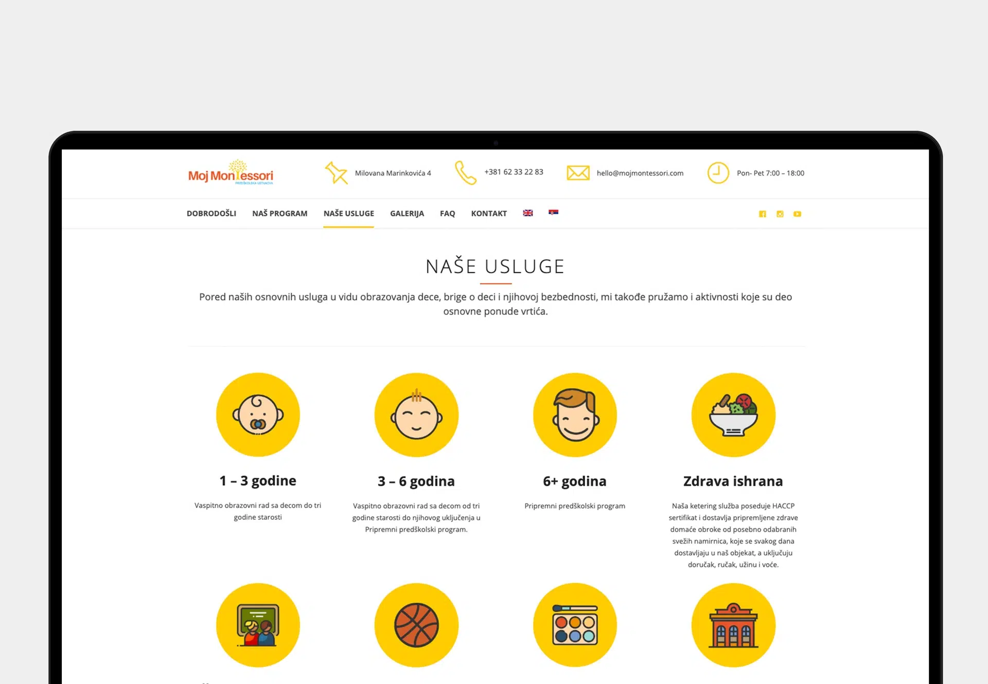 Moj Montessori brand identity with soft color palette, rounded typography, and calming layout inspired by Montessori learning environments.