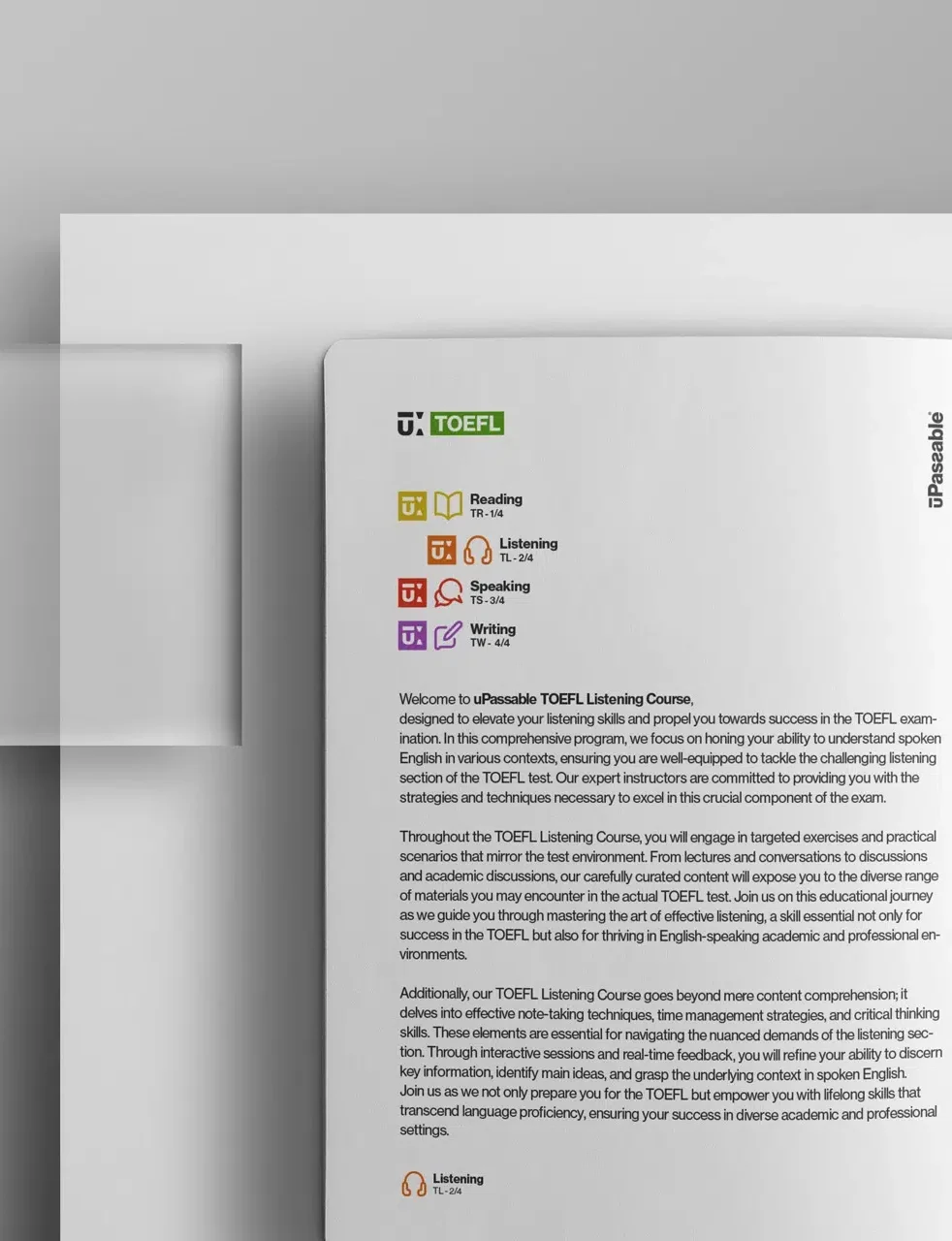 Visual identity for uPassable, featuring a colorful palette, modular design system, and playful structure aimed at making language test preparation feel intuitive and human-centered.